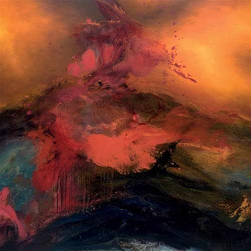 Abstract painting with swirling orange, red, and dark blue tones.