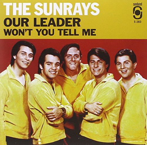 "Vinyl record cover featuring The Sunrays, five men in yellow shirts, against a red background."