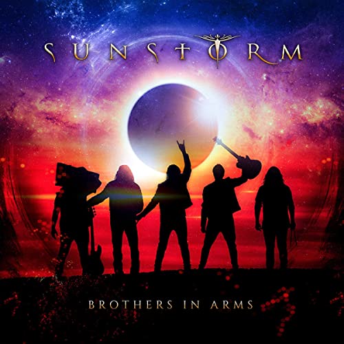 Sunstorm album cover: band silhouettes against a cosmic, fiery background.