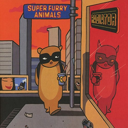 Cartoon bear with mask holding drink, city background, "Super Furry Animals" and "Radiator" signs.