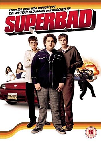 "Superbad DVD cover featuring three young men with a red car and explosions."