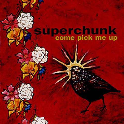 Red album cover with floral designs, a bird, and band name “Superchunk”.