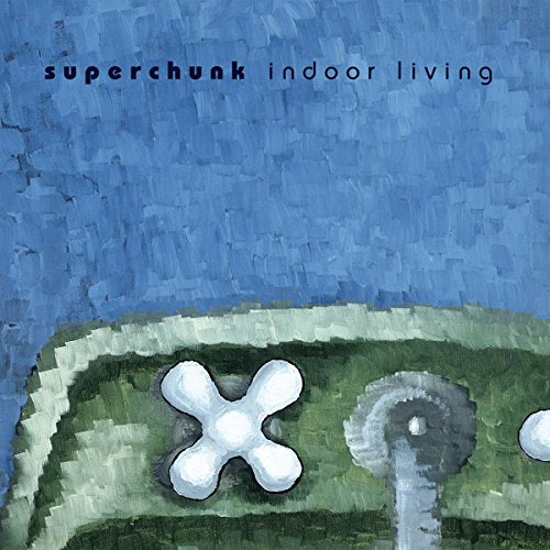 Superchunk "Indoor Living" CD cover: painted blue sky over green lawn with flowers.