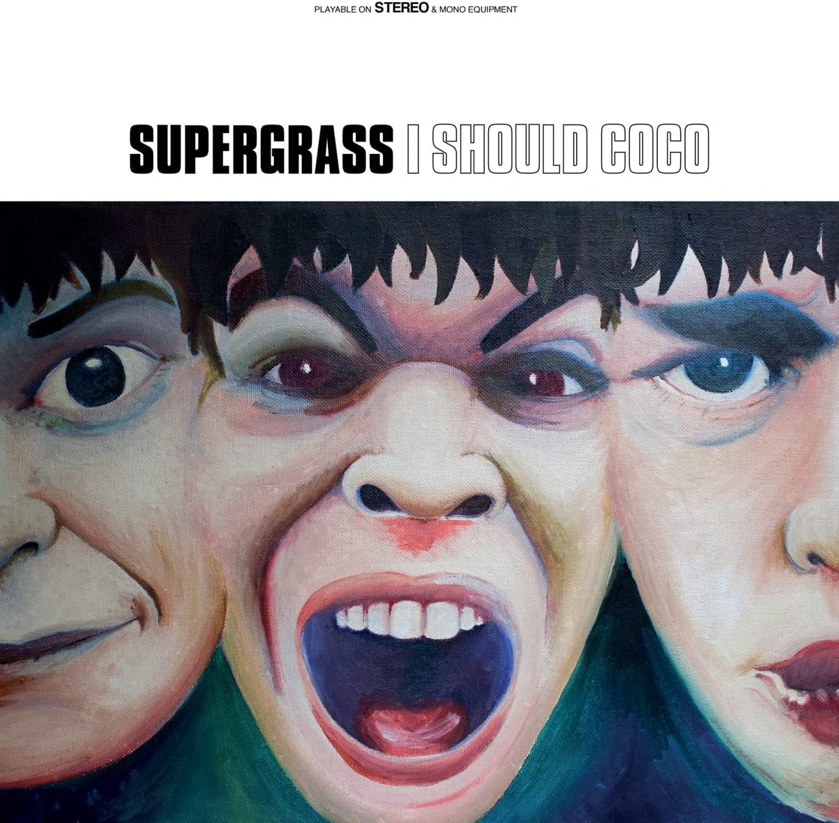 "Album cover art for 'Supergrass - I Should Coco' featuring a painted image of three faces."