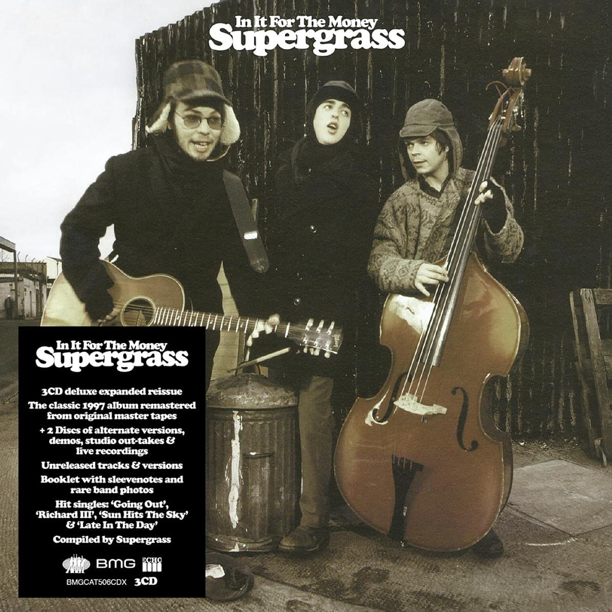 Supergrass album cover: three musicians with instruments, vintage aesthetic.