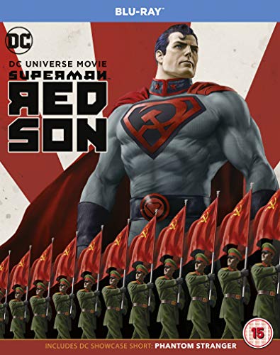 Superman stands tall with soldiers and red flags against a Soviet-style background.