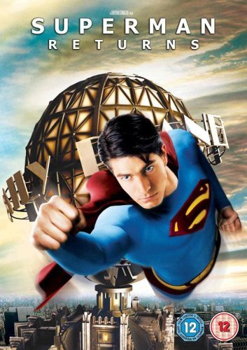 Superman in blue suit flying towards a large metallic sphere.