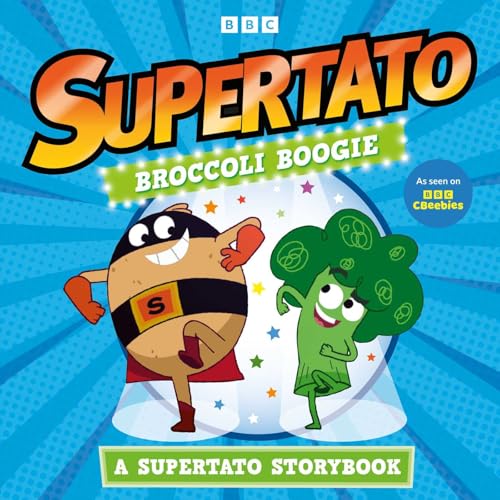 Supertato and Broccoli dancing on a blue background with the book title text.