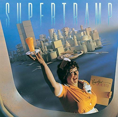 Waitress holding a glass of orange juice with a city skyline made of dishes.