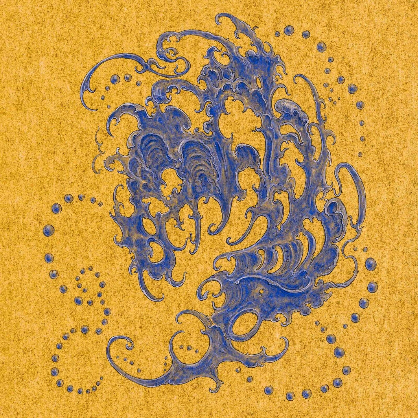 Blue wave-like design on textured yellow background, resembling vinyl artwork.
