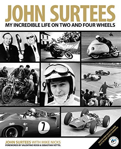 Book cover featuring black and white photos of motorcycle and car racer John Surtees.