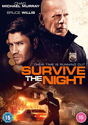 DVD cover for "Survive The Night" with actors' faces and a man wielding a knife.