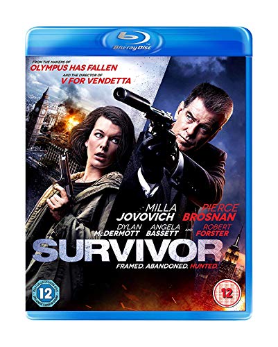 "Blu-ray case for 'Survivor' movie, featuring a man and woman with guns."