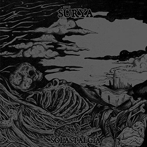 Black and white album cover with skull, clouds, and landscape illustration.