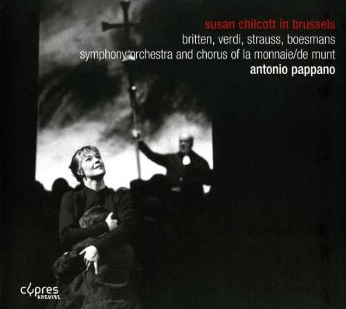 Black and white CD cover featuring a soprano and conductor.