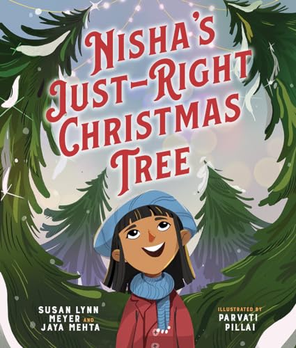 Book cover: girl with winter hat looks at Christmas trees.