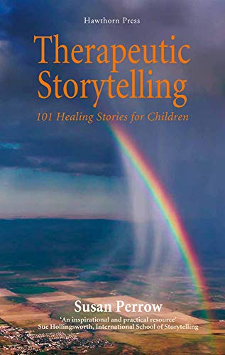 Book cover for Therapeutic Storytelling with a rainbow over a landscape.