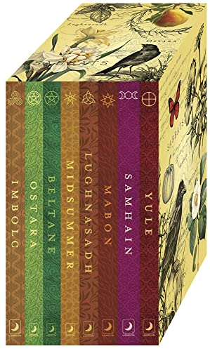 Six colorful books in a slipcase, labeled with seasonal Wiccan sabbats.