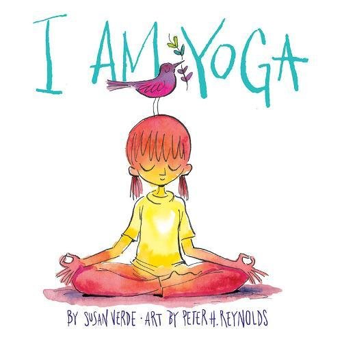 Child in lotus position with a bird on their head, watercolor illustration.