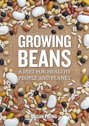 Book cover titled Growing Beans with a background of scattered dried beans on burlap.