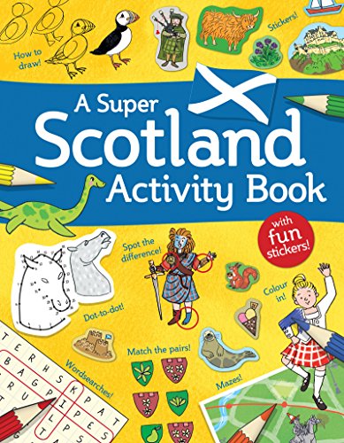 Cover of A Super Scotland Activity Book featuring illustrations of Scottish icons and games.