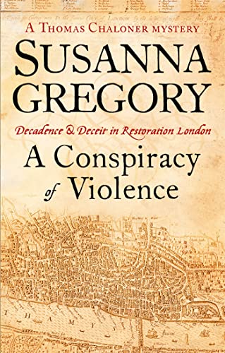 Book cover: "A Conspiracy of Violence" by Susanna Gregory, with a map background.