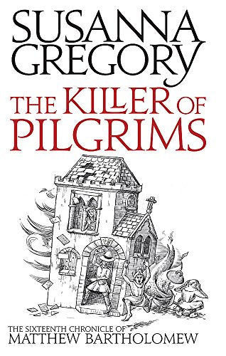 Book cover: "The Killer of Pilgrims" with a sketched medieval chapel.