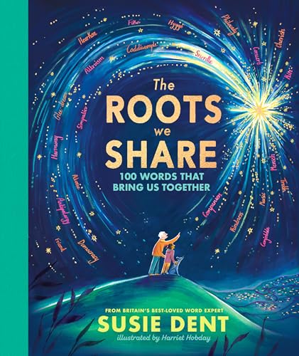 Book cover with swirling stars, two figures on a hill, and text: "The Roots We Share".