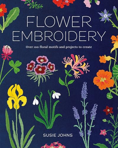 Book cover titled Flower Embroidery with various colorful embroidered floral motifs on navy background.