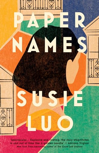Book cover: "Paper Names" by Susie Luo, with abstract colorful shapes.