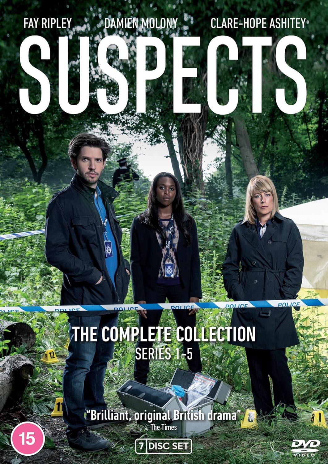 Three detectives stand in a wooded crime scene behind police tape on a DVD cover.