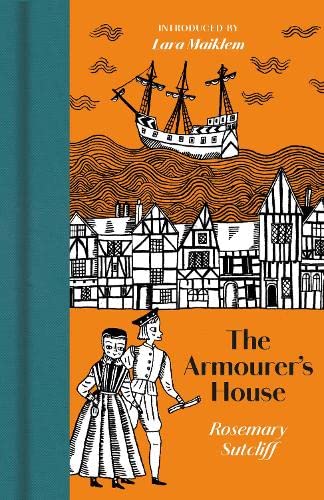 Book cover with a ship, Tudor-style houses, and two figures on an orange background.