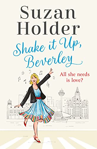 Book cover: woman in blue dress dances near Liverpool buildings.