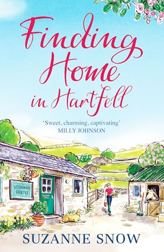 Book cover with a countryside scene, veterinary practice, and woman walking a dog.