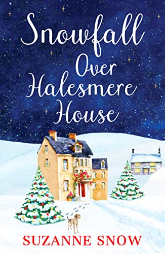 Book cover depicting a snowy house, Christmas trees, and a small dog.