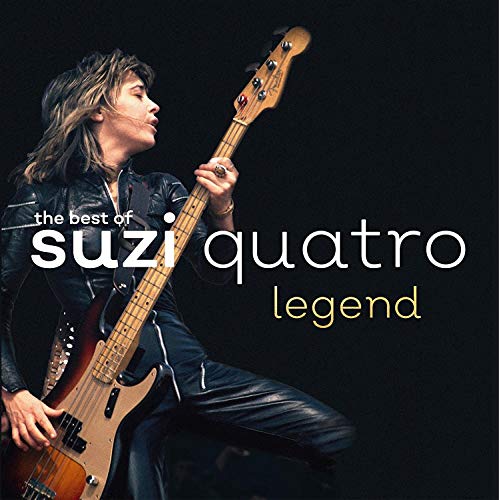 Suzi Quatro playing a bass guitar on the album cover "Legend: The Best Of".