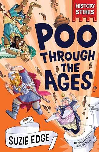 Book cover with cartoon figures from different eras reacting to floating brown piles.