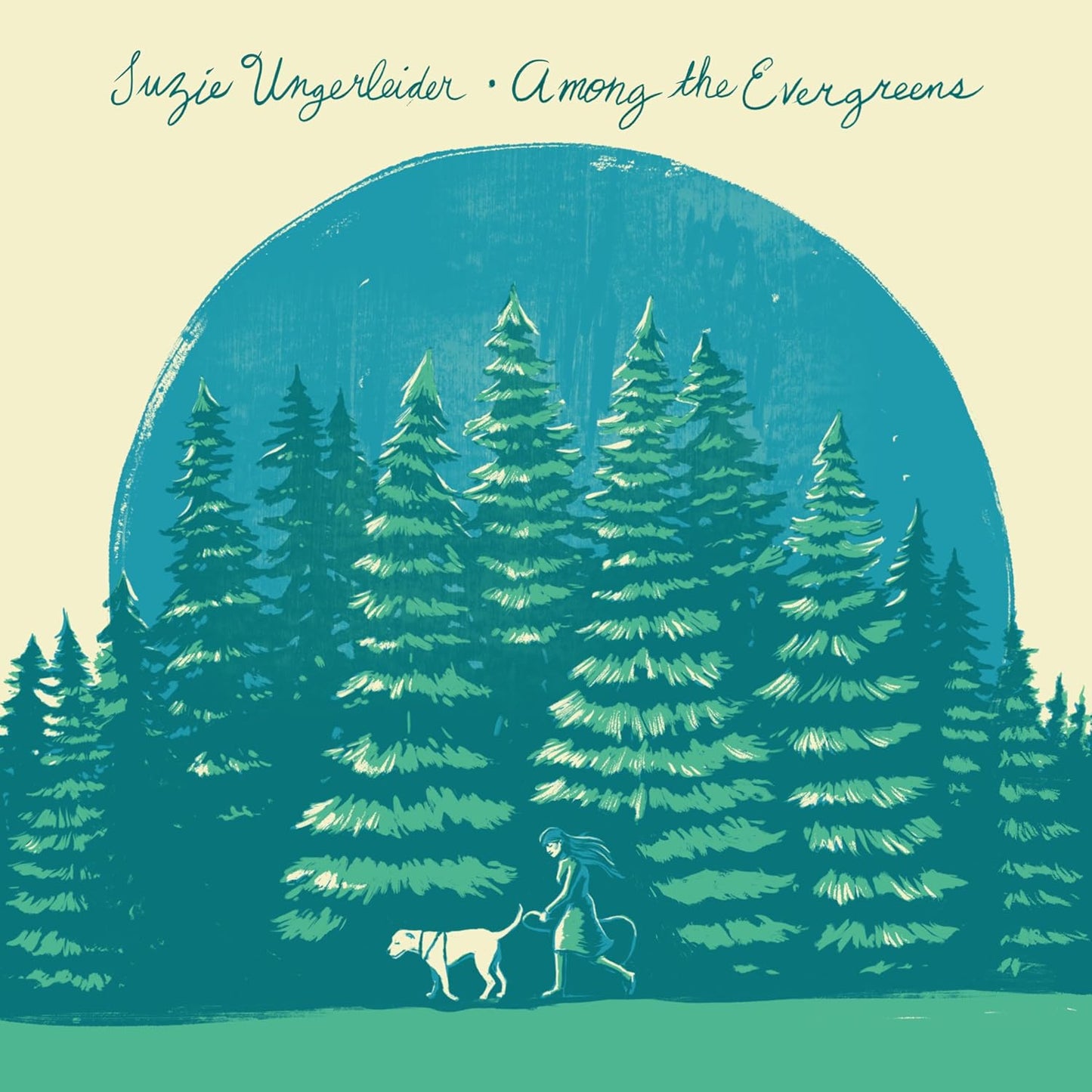 Illustration of a woman walking a dog through a forest of evergreen trees.
