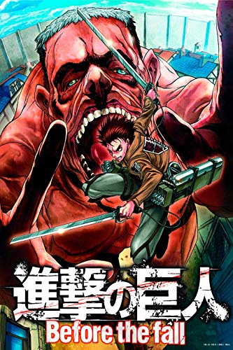 Soldier with blades facing a massive, monstrous titan in manga art.