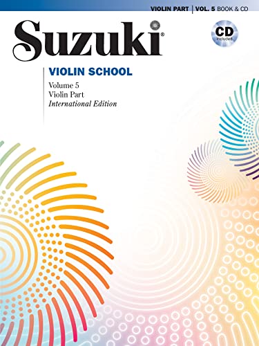 Suzuki Violin School Volume 5 book cover with colorful spiral patterns and CD included.