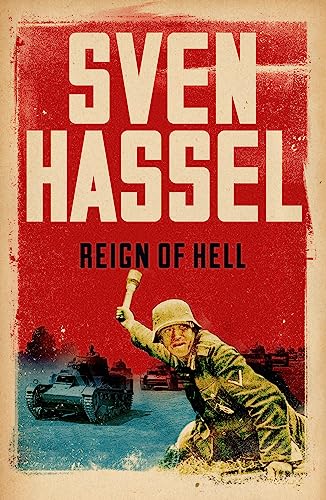 Red book cover with text "Sven Hassel" and a war scene illustration.