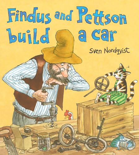 Findus and Pettson working on a car with tools and a chicken.
