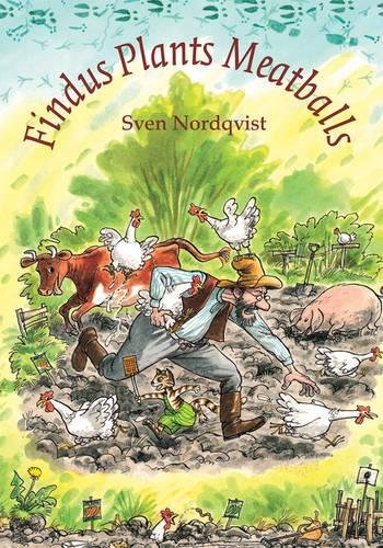 Book cover illustration showing a man and a cat running through a chicken-filled garden.