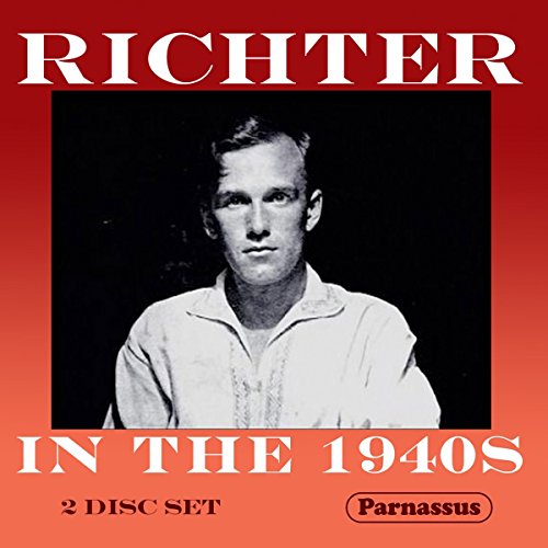 Black and white portrait of pianist Sviatoslav Richter on a red album cover.