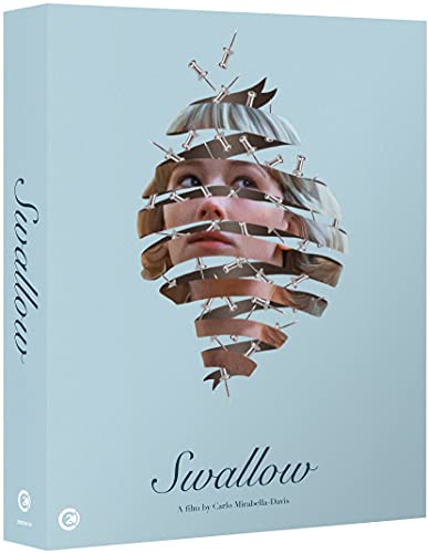 Blu-ray cover for “Swallow” featuring a woman’s face fragmented by pins.