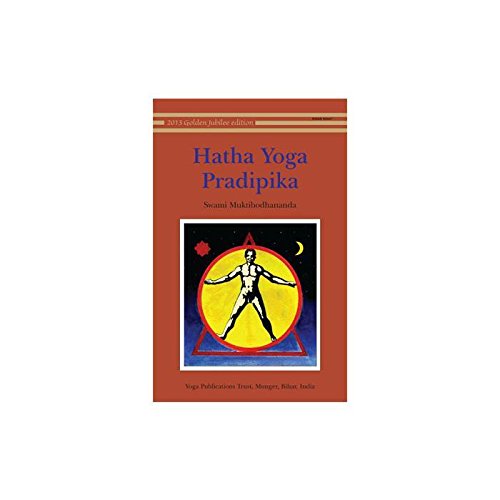 Book cover of Hatha Yoga Pradipika by Swami Muktibodhananda with a central human figure illustration.