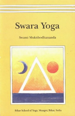 Book cover for "Swara Yoga" with sun, moon, and triangle imagery.