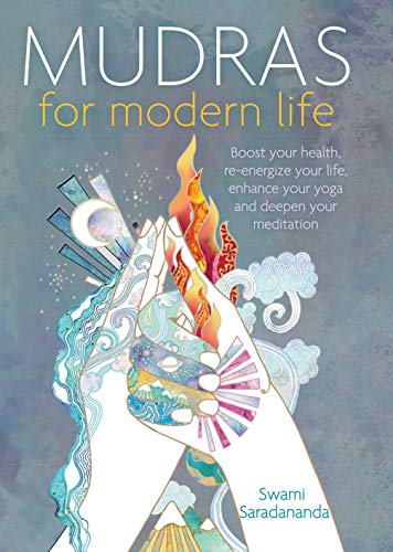 Book cover with stylized hands in a mudra pose featuring elemental designs and text.