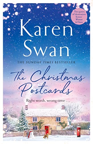 Book cover with snowy cottage, text “The Christmas Postcards” and author’s name.