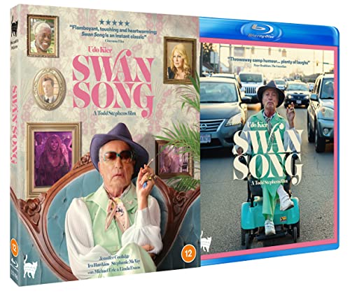 “Swan Song” Blu-ray cover featuring Udo Kier in character, portraits, and cats.